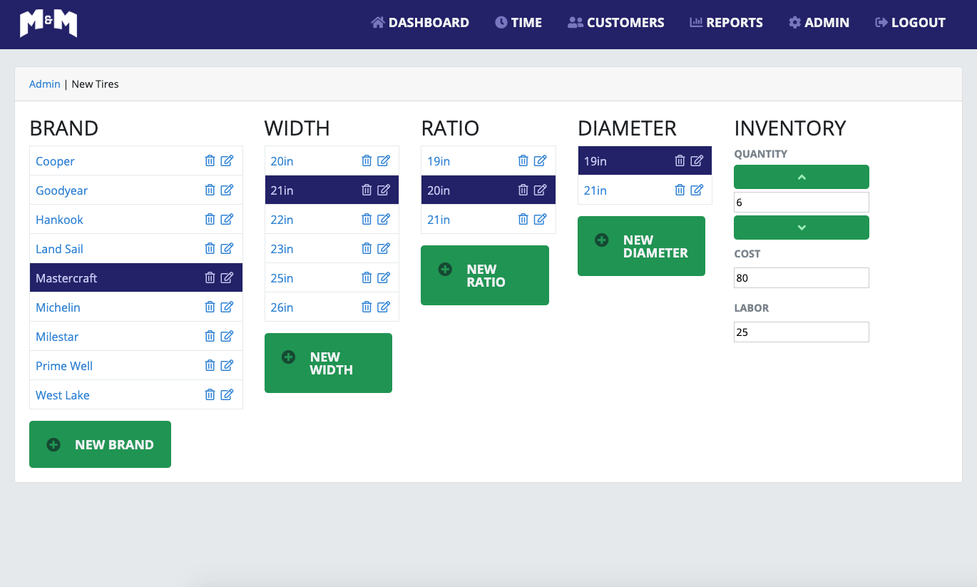 M & M Tire & Auto Admin Inventory