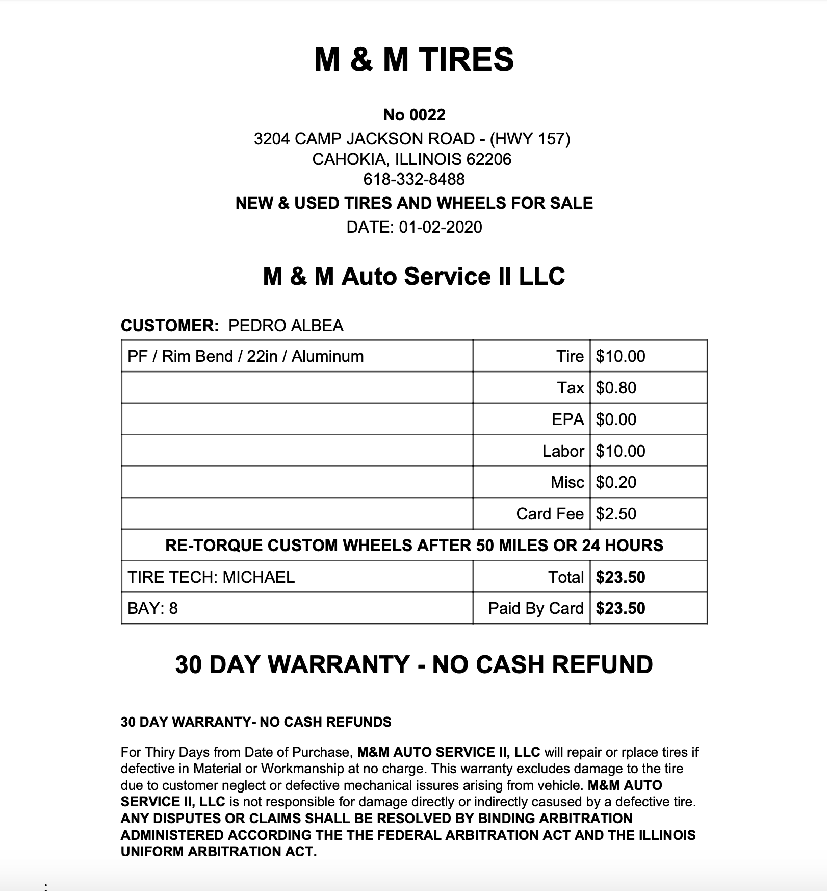 M & M Tire & Auto Receipt